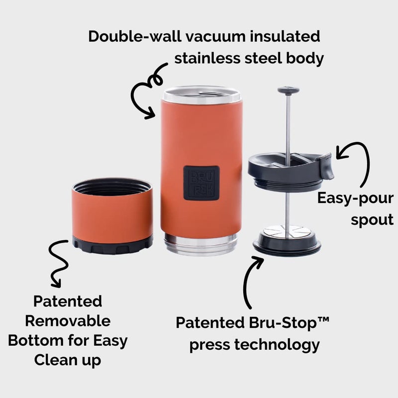BruTrek OVRLNDR Travel Coffee French Press, 24 fl.oz Drinkable Capacity, Vacuum Insulated, Easy To Clean Removable Bottom, No Spill Lid, On The Go Coffee Brewing (Red Rock) - Image 5
